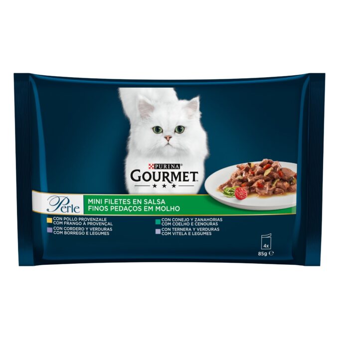 Gourmet Perle Multipack, Vitel & Legume, Iepure, Miel, Pui Provencale, 4x85 g
