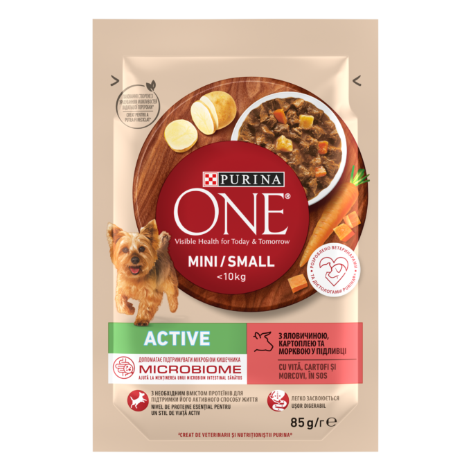 PURINA ONE MINI Active, vita, cartofi si morcovi, in sos, 85 g 1 PURINA ONE MINI Active, vita, cartofi si morcovi, in sos, 85 g