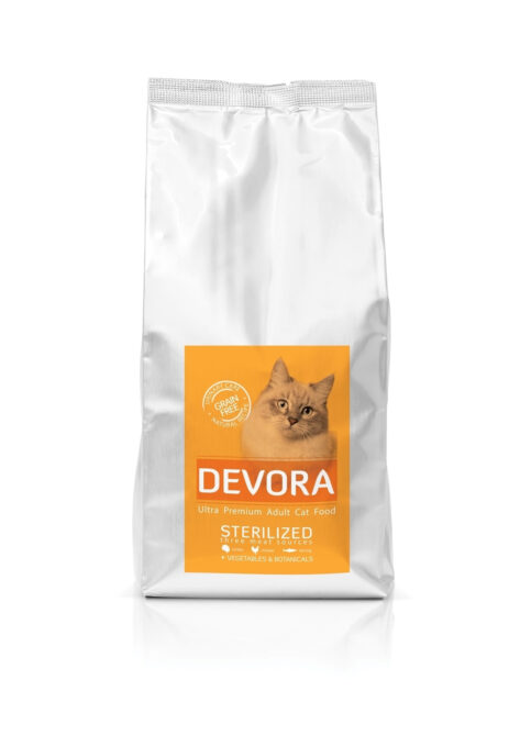 DEVORA Sterilised, Curcan și Pește, hrană uscată fără cereale pisici sterilizate Devora Cat Grain Free Sterilizat cu Curcan, Pui si Hering, 7.5 kg
