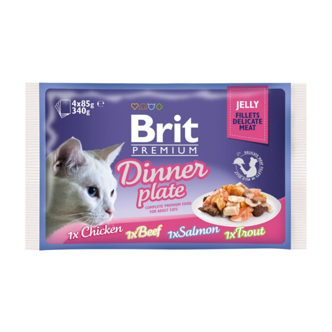 BRIT Premium Multipack Dinner Plate, 4 arome, pachet mixt, plic hrană umedă pisici, (în aspic), 85g x 4 1 BRIT Premium Multipack Dinner Plate, 4 arome, pachet mixt, plic hrană umedă pisici, (în aspic), 85g x 4