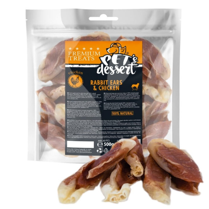 PET'S DESSERT Rabbit Ears & Chicken, XS-XL, Iepure și Pui, punguță recompense fără cereale câini, 500g