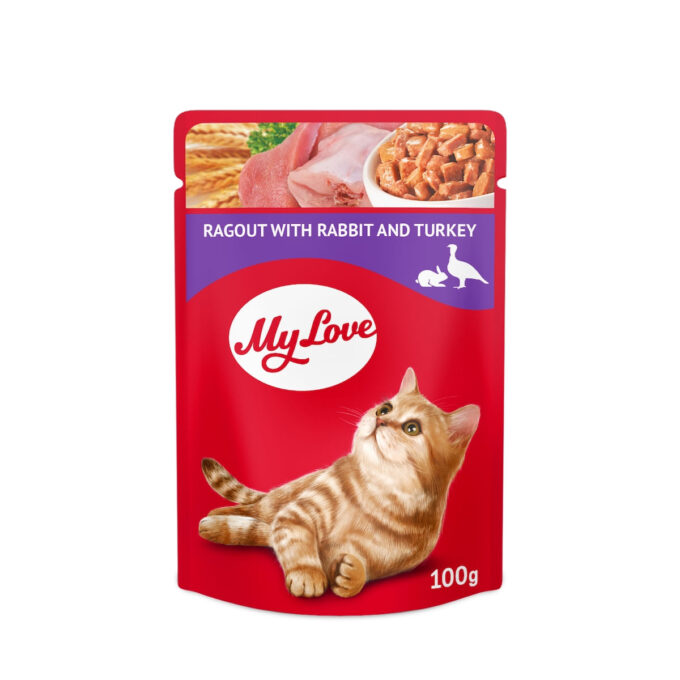 MY LOVE, Iepure și Curcan, hrană umedă pisici, (în sos) MY LOVE, Iepure și Curcan, plic hrană umedă pisici, (în sos), 85g