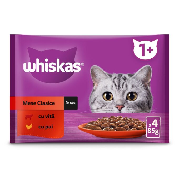 WHISKAS Selectii Clasice, Vită și Pui, plic hrană umedă pisici, (în aspic), multipack, 85g x 4 WHISKAS Selectii Clasice, Vită și Pui, plic hrană umedă pisici, (în sos), multipack, 85g x 4