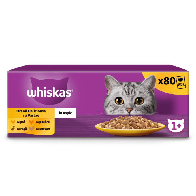 WHISKAS 1+ Poultry Feasts, Pasăre, plic hrană umedă pisici, (în aspic) WHISKAS 1+ Poultry Feasts Selectii, Pasăre, plic hrană umedă pisici, (în aspic), multipack, 85g x 80