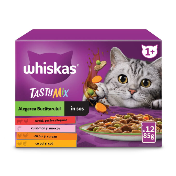 WHISKAS Tasty Mix Chef's Choice, Somon, Vită, Pui și Pasăre, Pui și Curcan, Pui și Cod, plic hrană umedă pisici, (în sos), multipack, 85g x 12