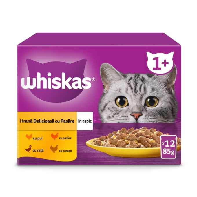 WHISKAS 1+ Poultry Feasts, Pasăre, plic hrană umedă pisici, (în aspic) WHISKAS 1+ Poultry Feasts Selectii, Pasăre, plic hrană umedă pisici, (în aspic), multipack, 85g x 12