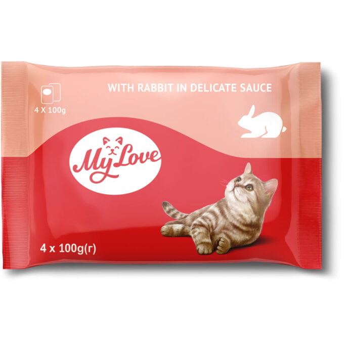MY LOVE, Iepure, plic hrană umedă pisici, (în sos), bax, 100g x 4buc MY LOVE, Iepure, plic hrană umedă pisici, (în sos), bax, 85g x 4buc