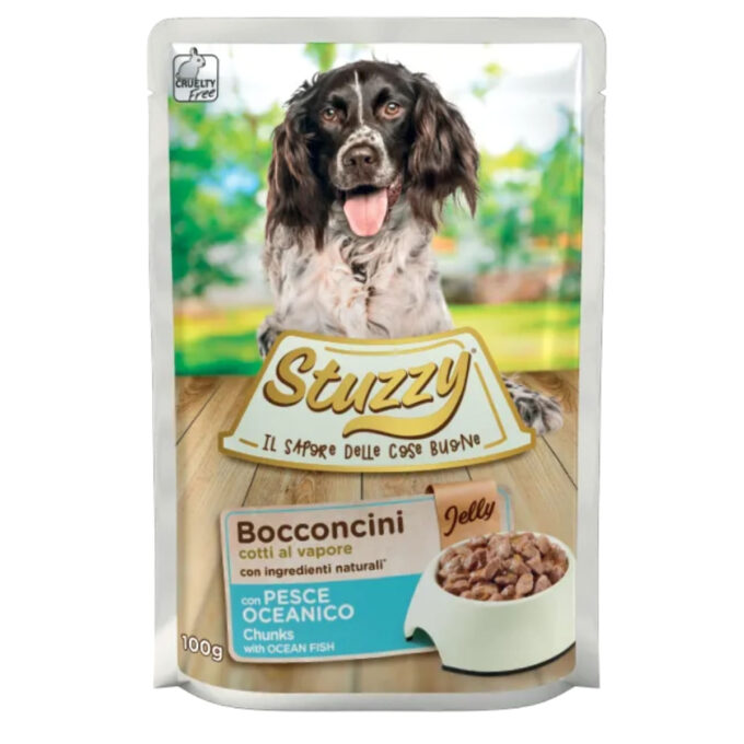 STUZZY Chunks, XS-XL, Pește, plic hrană umedă câini, (în aspic), 100g