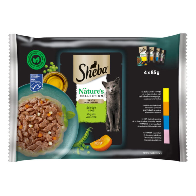 SHEBA Nature's Collection Selectie Mixta, Carne și Pește, plic hrană umedă fără cereale pisici, (în sos), multipack, 85g x 4buc