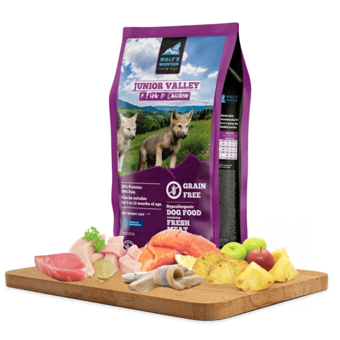 WOLF'S MOUNTAIN Junior Valley, XS-XL, Pește și Pui, hrană uscată fără cereale câini, 12kg