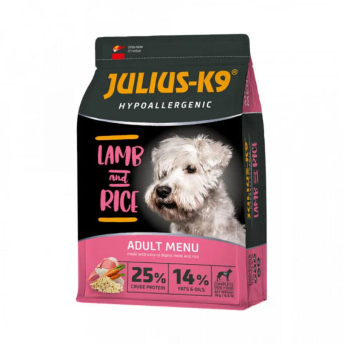 JULIUS-K9 Hypoallergenic Adult Menu, XS-XL, Miel și Orez, hrană uscată câini, alergii, 12kg 1 JULIUS-K9 Hypoallergenic Adult Menu, XS-XL, Miel și Orez, hrană uscată câini, alergii, 12kg