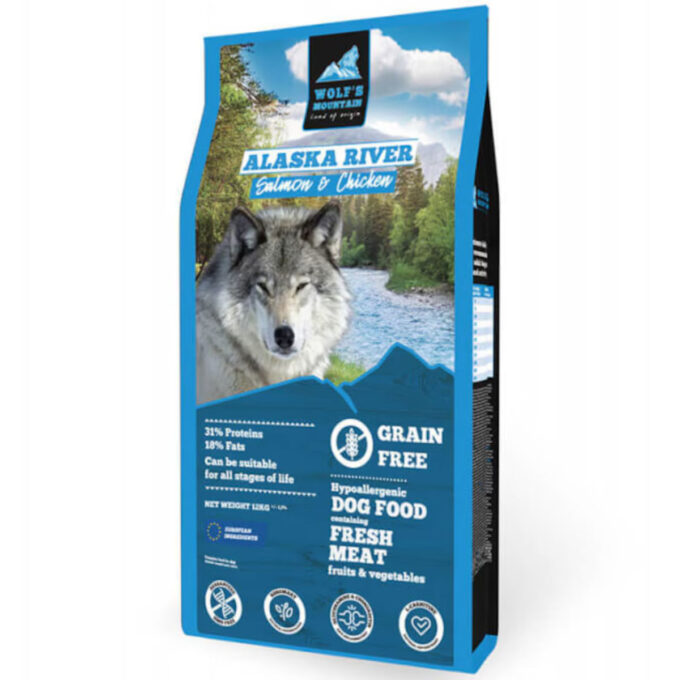 WOLF'S MOUNTAIN Alaska River, XS-XL, Somon și Pui, hrană uscată fără cereale câini, 2kg