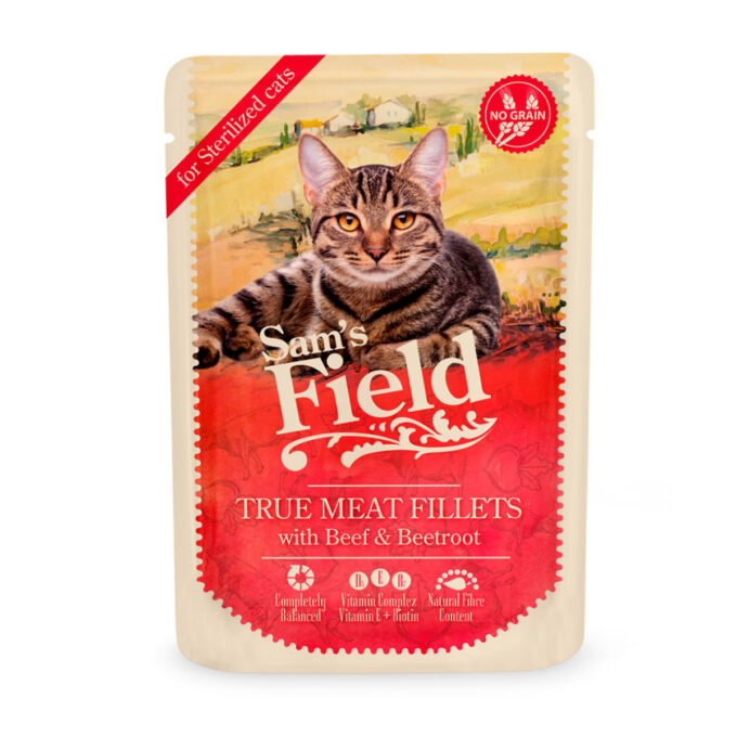 SAM'S FIELD True Meat Fillets Sterilised, Vită, plic hrană umedă fără cereale pisici sterilizate, (în sos), 85g