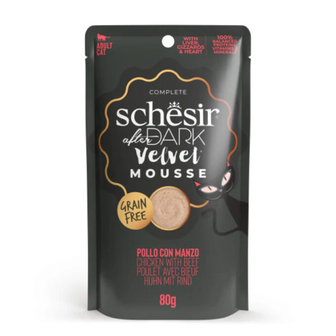 SCHESIR After Dark Velvet Mousse, Pui și Vită, plic hrană umedă fără cereale pisici, (mousse), 80g