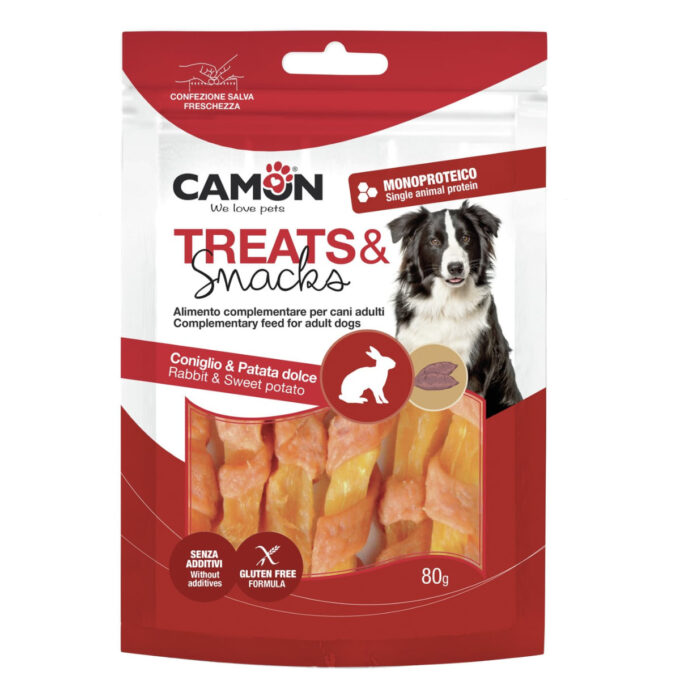 CAMON Strips, XS-XL, Iepure și Cartof Dulce, punguță recompense câini, 80g