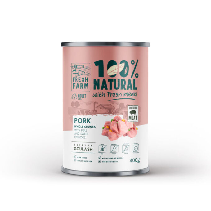 FRESH FARM Goulash, XS-XL, Porc, conservă hrană umedă fără cereale câini, (în supă), 400g 1 FRESH FARM Goulash, XS-XL, Porc, conservă hrană umedă fără cereale câini, (în supă), 400g