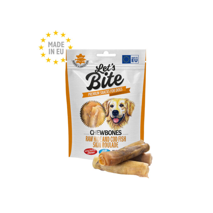 BRIT Let's Bite Chewbones Raw hide and Cod Fish Skin Roulade, XS-XL, Cod, punguță recompense fără cereale câini, 135g