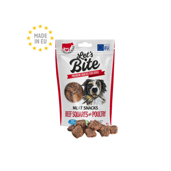 BRIT Let's Bite Meat Snacks Beef Squares with Poultry, XS-XL, Vită și Pui, punguță recompense fără cereale câini, 80g