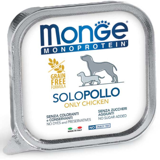 MONGE Monoprotein, XS-XL, Pui, tăviță hrană umedă monoproteică fără cereale câini, (pate), bax, 150g x 24buc 1 MONGE Monoprotein, XS-XL, Pui, tăviță hrană umedă monoproteică fără cereale câini, (pate), bax, 150g x 24buc