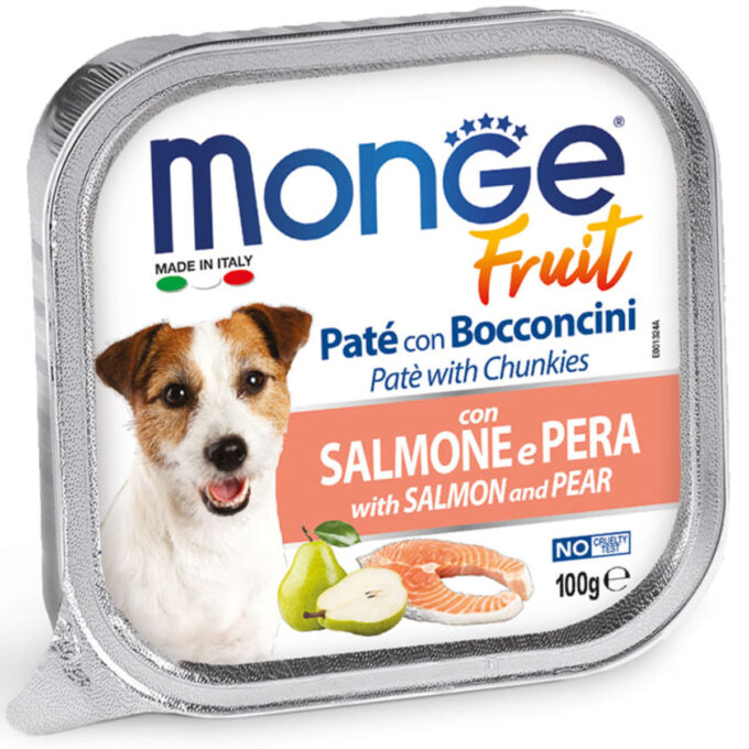 MONGE Fruit, XS-XL, Somon și Pere, tăviță hrană umedă fără cereale câini, (în suc propriu), bax, 100g x 32buc 1 MONGE Fruit, XS-XL, Somon și Pere, tăviță hrană umedă fără cereale câini, (în suc propriu), bax, 100g x 32buc