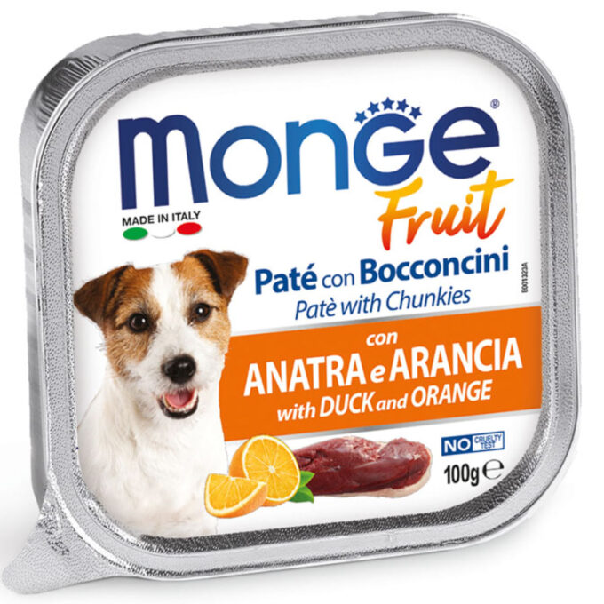 MONGE Fruit, XS-XL, Rață și Portocale, tăviță hrană umedă fără cereale câini, (în suc propriu), 100g 1 MONGE Fruit, XS-XL, Rață și Portocale, tăviță hrană umedă fără cereale câini, (în suc propriu), 100g