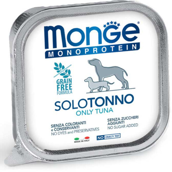 MONGE Monoprotein, XS-XL, Ton, tăviță hrană umedă monoproteică fără cereale câini, (pate), bax, 150g x 24buc 1 MONGE Monoprotein, XS-XL, Ton, tăviță hrană umedă monoproteică fără cereale câini, (pate), bax, 150g x 24buc