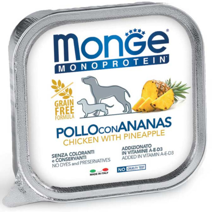 MONGE Monoprotein, XS-XL, Pui și Ananas, tăviță hrană umedă monoproteică fără cereale câini, (pate), 150g 1 MONGE Monoprotein, XS-XL, Pui și Ananas, tăviță hrană umedă monoproteică fără cereale câini, (pate), 150g