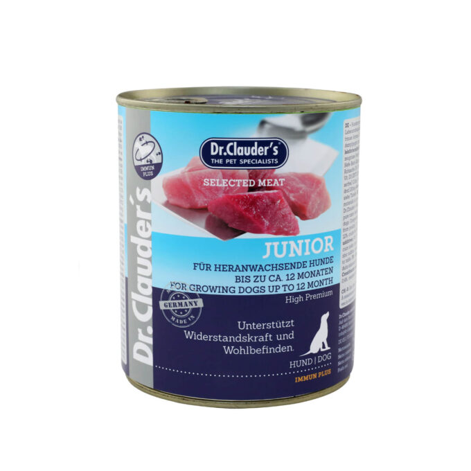 DR. CLAUDER'S Selected Meat Junior, XS-XL, Vită și Pasăre, conservă hrană umedă fără cereale câini junior, (în suc propriu), 800g
