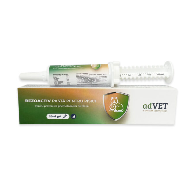 ADVET BenzoActiv, supliment sistem digestiv, limitarea ghemurilor de blană pisici, pastă orală ADVET BenzoActiv, supliment sistem digestiv, limitarea ghemurilor de blană pisici, flacon cu aplicator, 20ml pastă orală