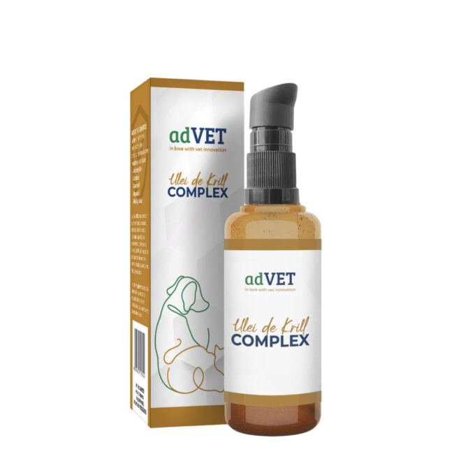 ADVET Ulei de Krill Complex, supliment piele & blană câini, suspensie orală ADVET Ulei de Krill Complex, XS-XL, supliment piele & blană câini și pisici, flacon, 50ml suspensie orală