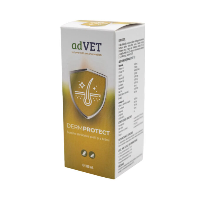 ADVET DermoProtect, supliment piele & blană, sistem imunitar câini, suspensie orală ADVET DermoProtect, XS-XL, supliment piele & blană, sistem imunitar câini și pisici, flacon cu aplicator, 100ml suspensie orală