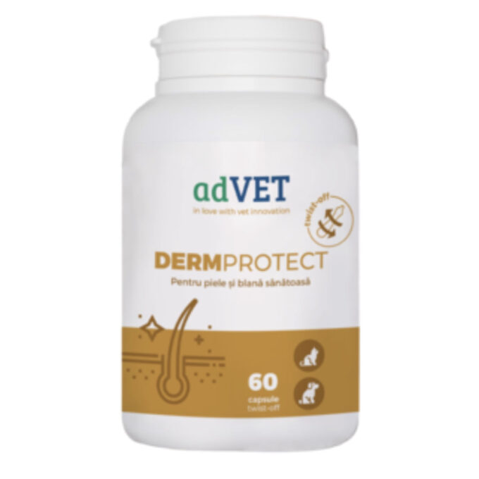 ADVET DermProtect Twist Off, supliment piele & blană câini, capsule ADVET DermProtect Twist Off, XS-XL, supliment piele & blană câini și pisici, flacon, 60 capsule
