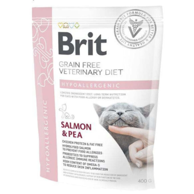 BRIT VD Hypoallergenic, Somon, dietă veterinară, hrană uscată fără cereale pisici, alergii, 400g