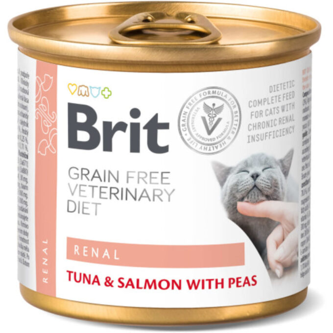 BRIT VD Renal, Ton și Somon, dietă veterinară, conservă hrană umedă fără cereale pisici, sistem renal, (în aspic), 200g