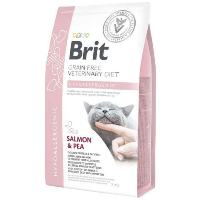 BRIT VD Hypoallergenic, Somon, dietă veterinară, hrană uscată fără cereale pisici, alergii, 2kg