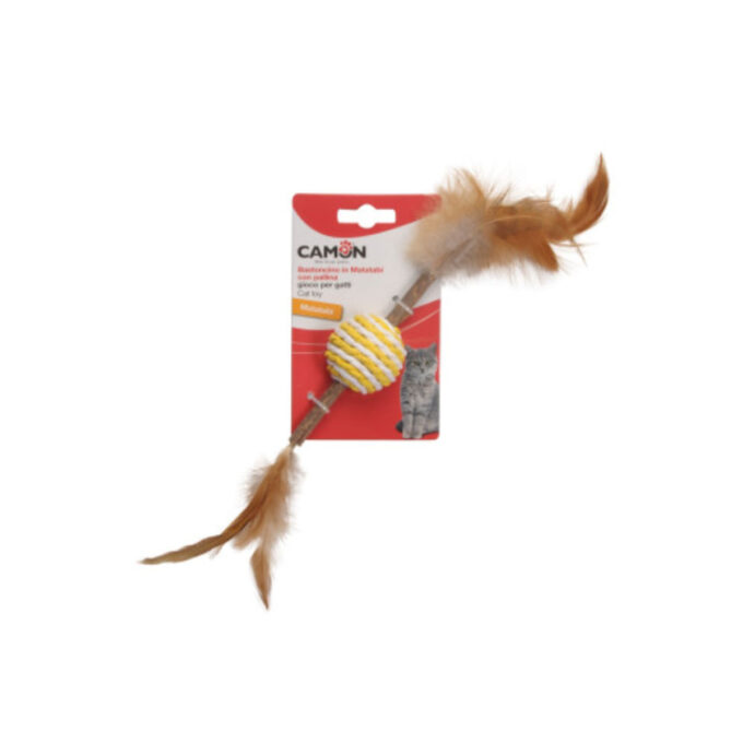 CAMON Matabi Minge cu Parghie &Pene, jucărie stimulare pândă pisici, activități fizice, lemn, multicolor, 14cm, 1buc
