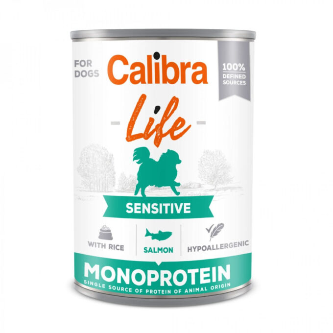 CALIBRA Life Sensitive, XS-XL, Somon și Orez, conservă hrană umedă monoproteică fără cereale câini, sistem digestiv, (pate), 400g 1 CALIBRA Life Sensitive, XS-XL, Somon și Orez, conservă hrană umedă monoproteică fără cereale câini, sistem digestiv, (pate), 400g