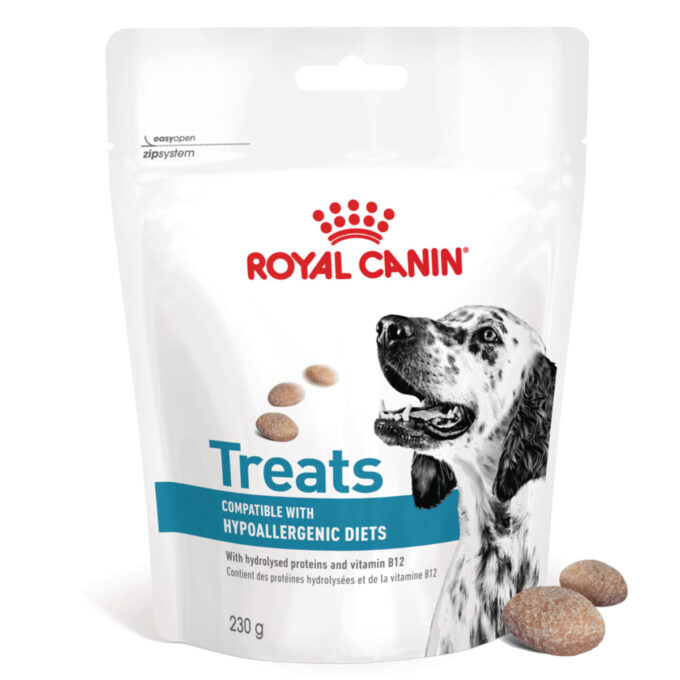 ROYAL CANIN VETERINARY DIET Hypoallergenic Treats, punguță recompense funcționale câini, alergii, 230g 1 ROYAL CANIN VETERINARY DIET Hypoallergenic Treats, punguță recompense funcționale câini, alergii, 230g