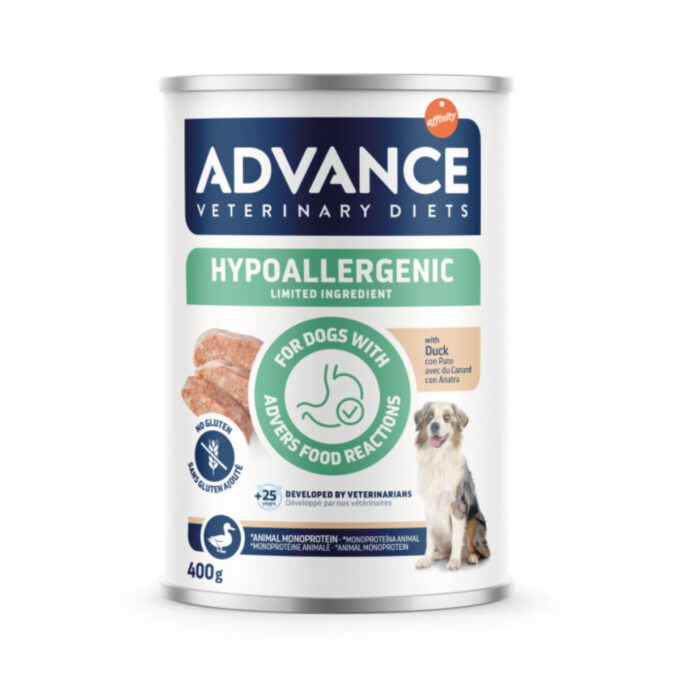 ADVANCE VETERINARY DIETS Hypoalergenic, XS-XL, Rață, dietă veterinară, conservă hrană umedă câini, alergii, (pate), 400g