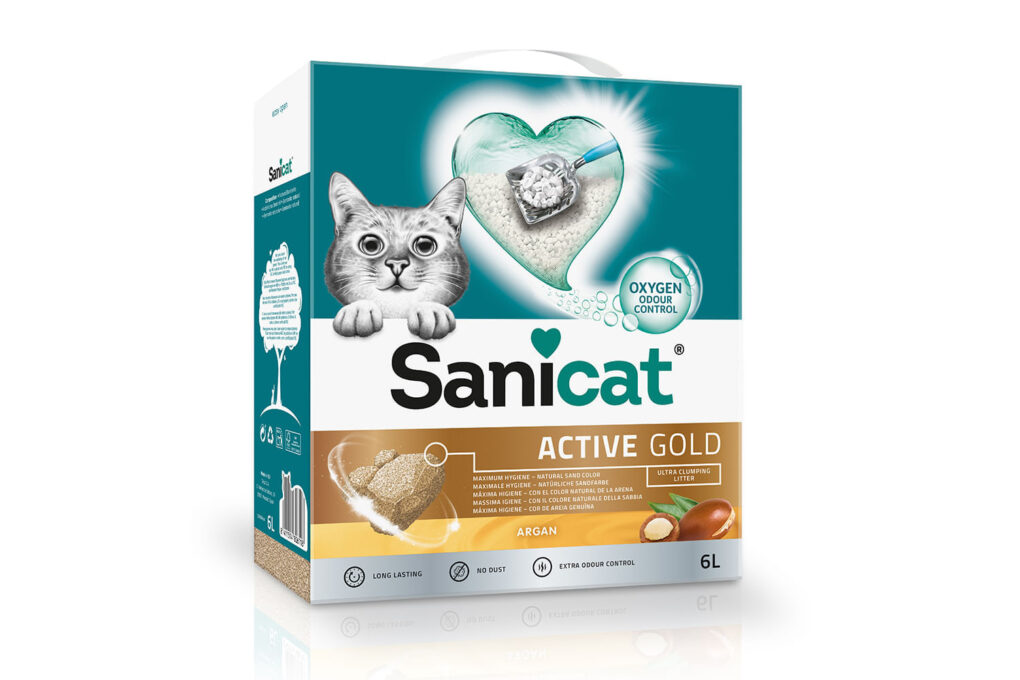 SANICAT Active Gold, Argan, așternut igienic pisici, granule, bentonită, aglomerant, neutralizare mirosuri, 6l