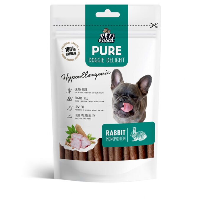 PET'S DESSERT Pure Doggie Delight Hypoallergenic, XS-XL, Iepure, punguță recompense monoproteice fără cereale câini, alergii, 80g