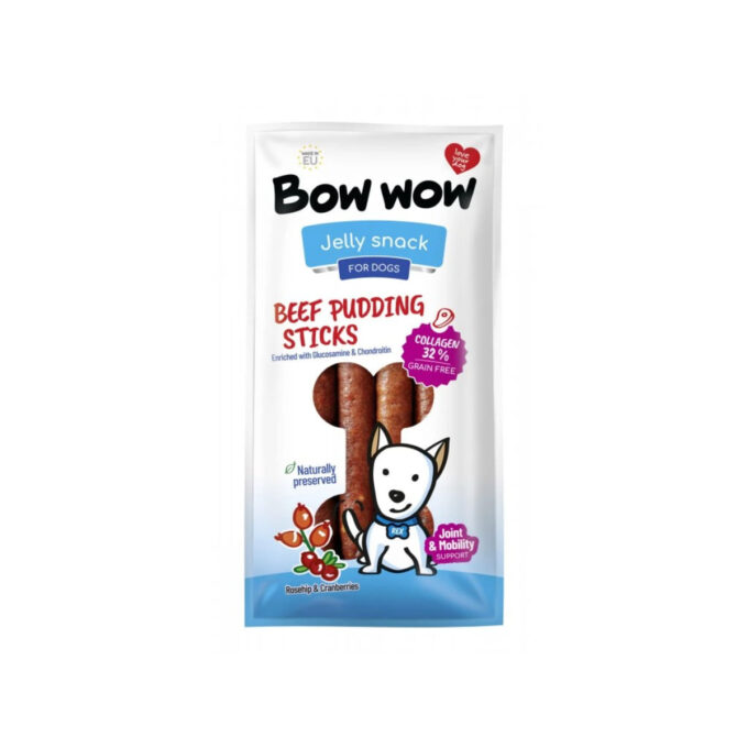 BOW WOW Jelly Snacks Pudding Sticks Colagen Macese XS-XL, Vită și Merișoare, punguță recompense câini, 165g
