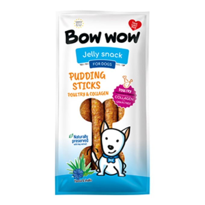 BOW WOW Jelly Snacks Pudding Sticks Colagen Yucca Inulina, XS-XL, Pui, punguță recompense câini, 165g