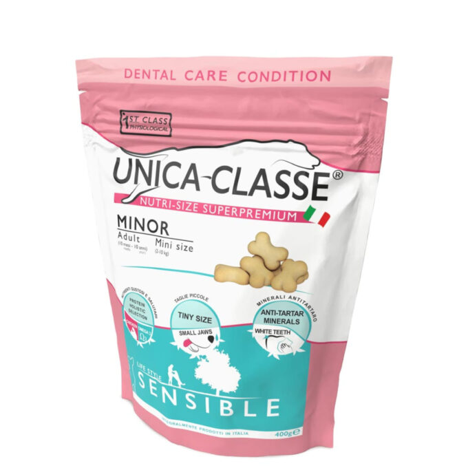 UNICA Classe Minor Sensible, XS-S, Pui, punguță recompense funcționale câini, sensibilități dentare, 400g