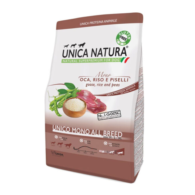 UNICA Natura Mono, M-XL, Gâsca și Orez, hrană uscată monoproteică câini, 12kg