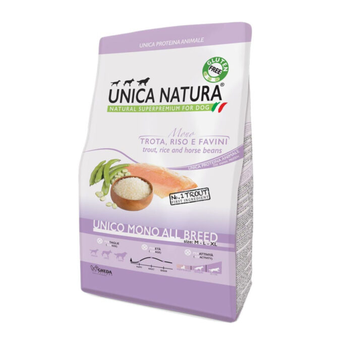 UNICA Natura Mono, M-XL, Păstrăv și Orez, hrană uscată monoproteică câini, 12kg