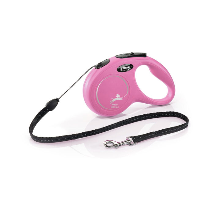 FLEXI Classic, lesă șnur retractabilă câini, reflectorizant, poliester, roz, S(12kg, 8m)