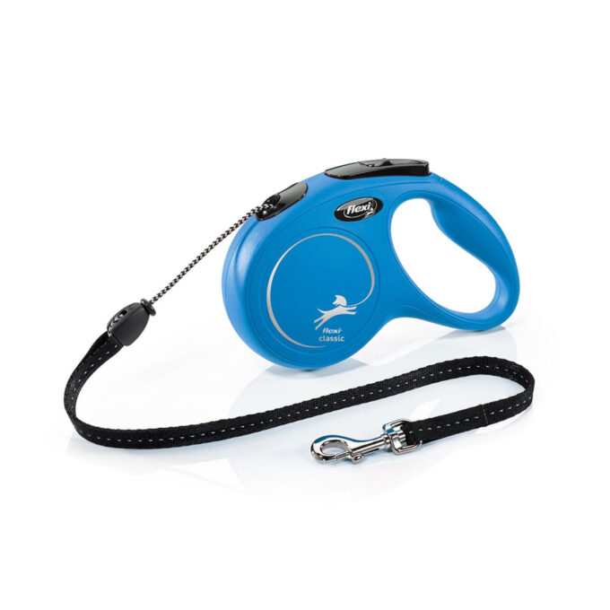 FLEXI Classic, lesă șnur retractabilă câini, reflectorizant, poliester, albastru, M(20kg, 5m)