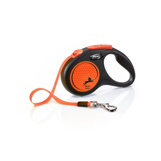 FLEXI Neon, lesă bandă retractabilă câini, reflectorizant, nylon, portocaliu, S(15kg, 5m)