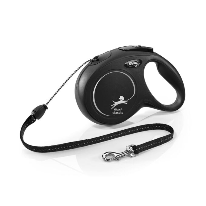 FLEXI Classic, lesă șnur retractabilă câini, reflectorizant, poliester, negru, M(20kg, 8m)